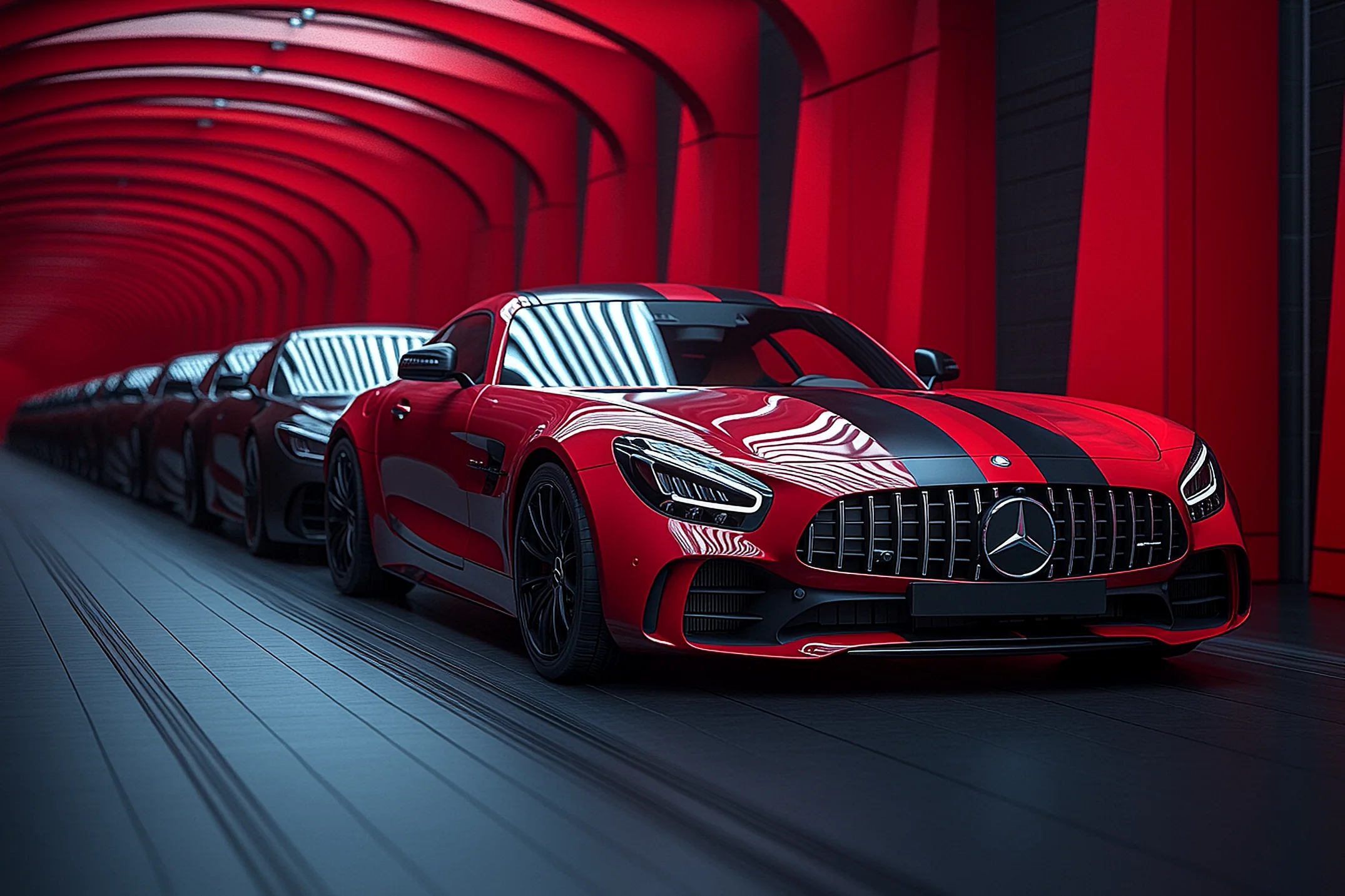 A red coupé at the head of a line of black cars in a red tunnel