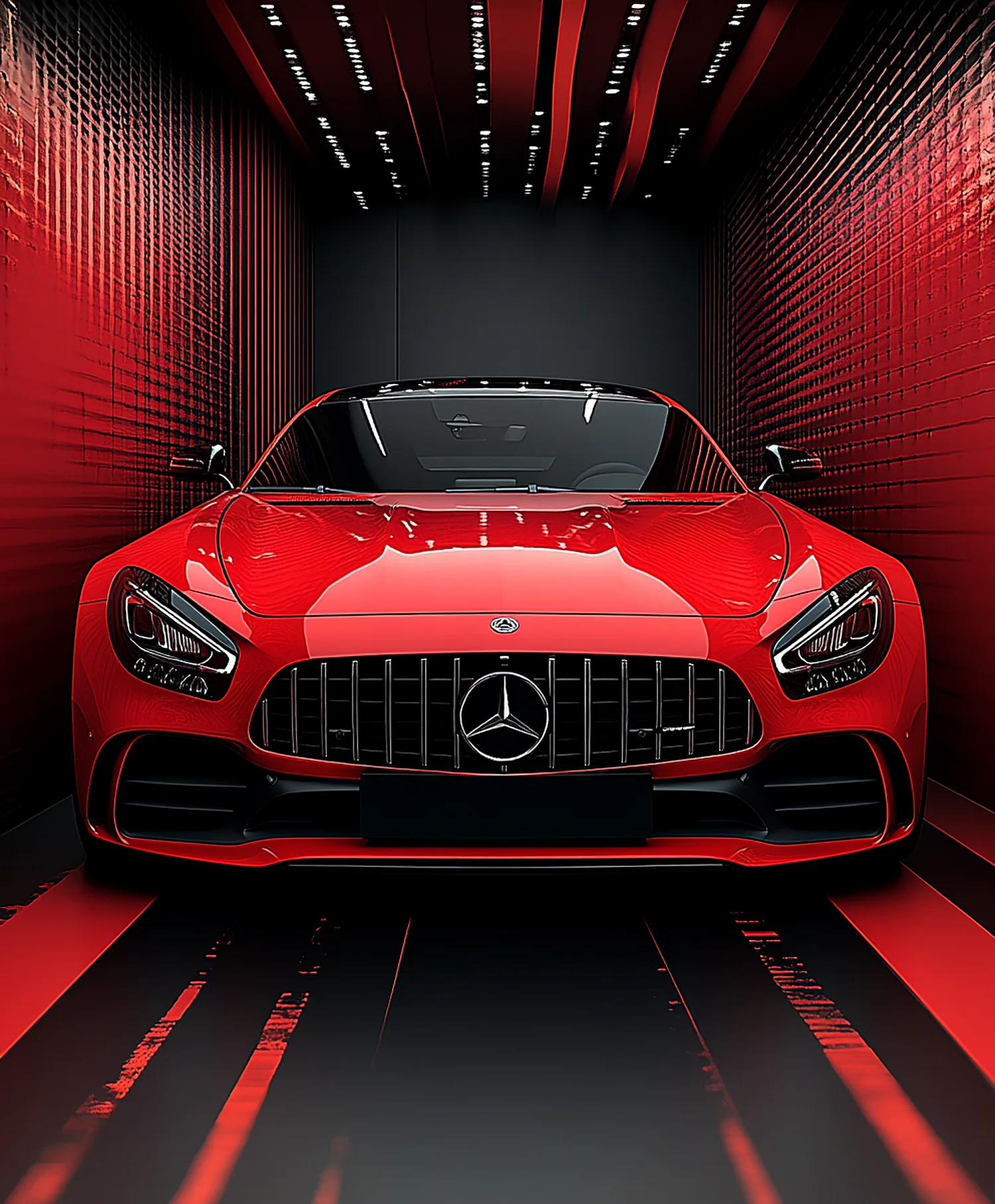 A red coupé head on in a corridor of red light