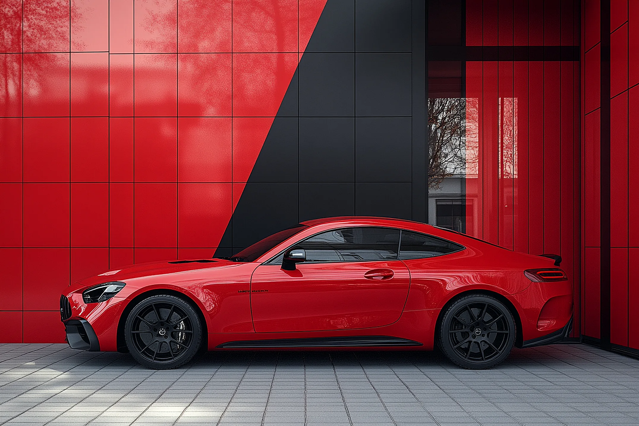 A red performance coupé in profile against a red tiled facade