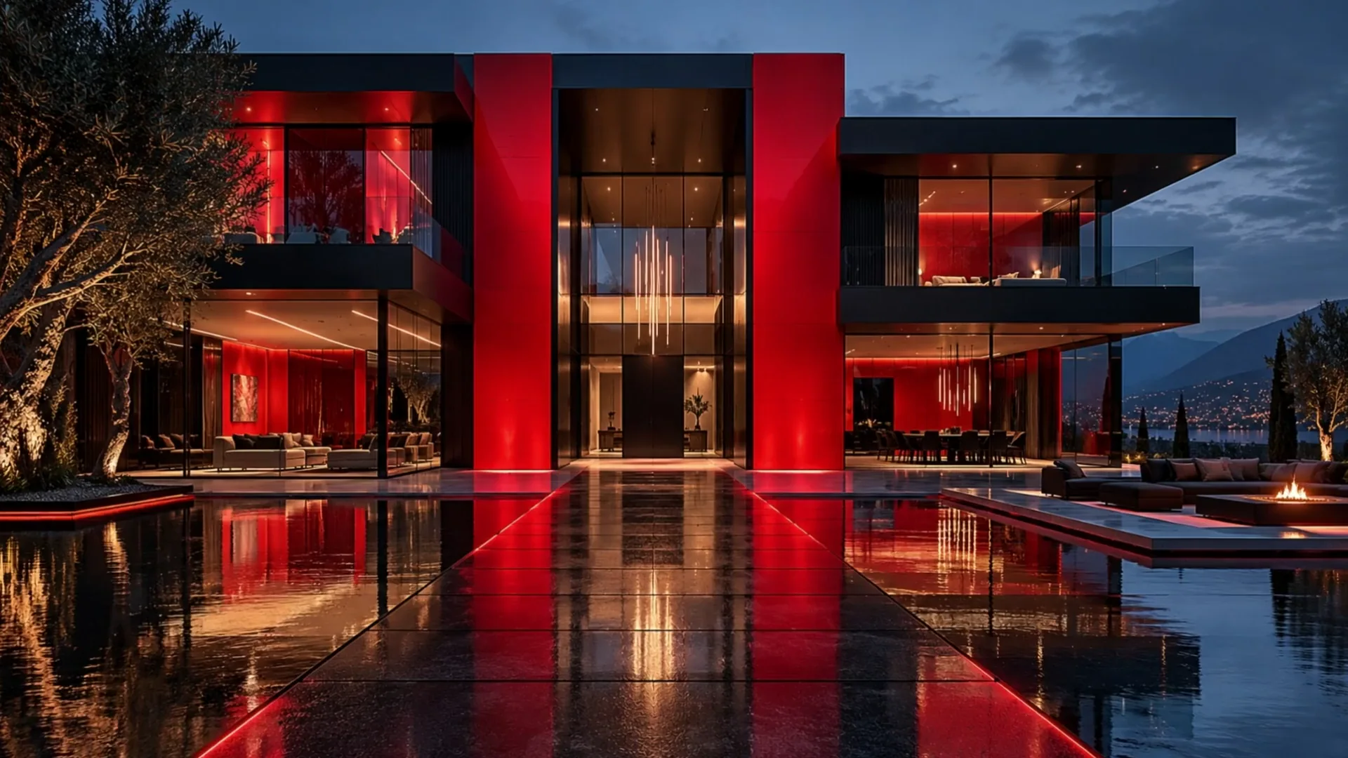 A red-lit villa at dusk above the sea