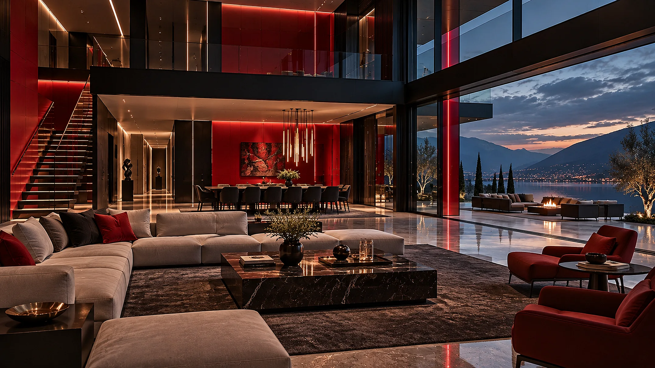 The living room, lit in red, open to the view